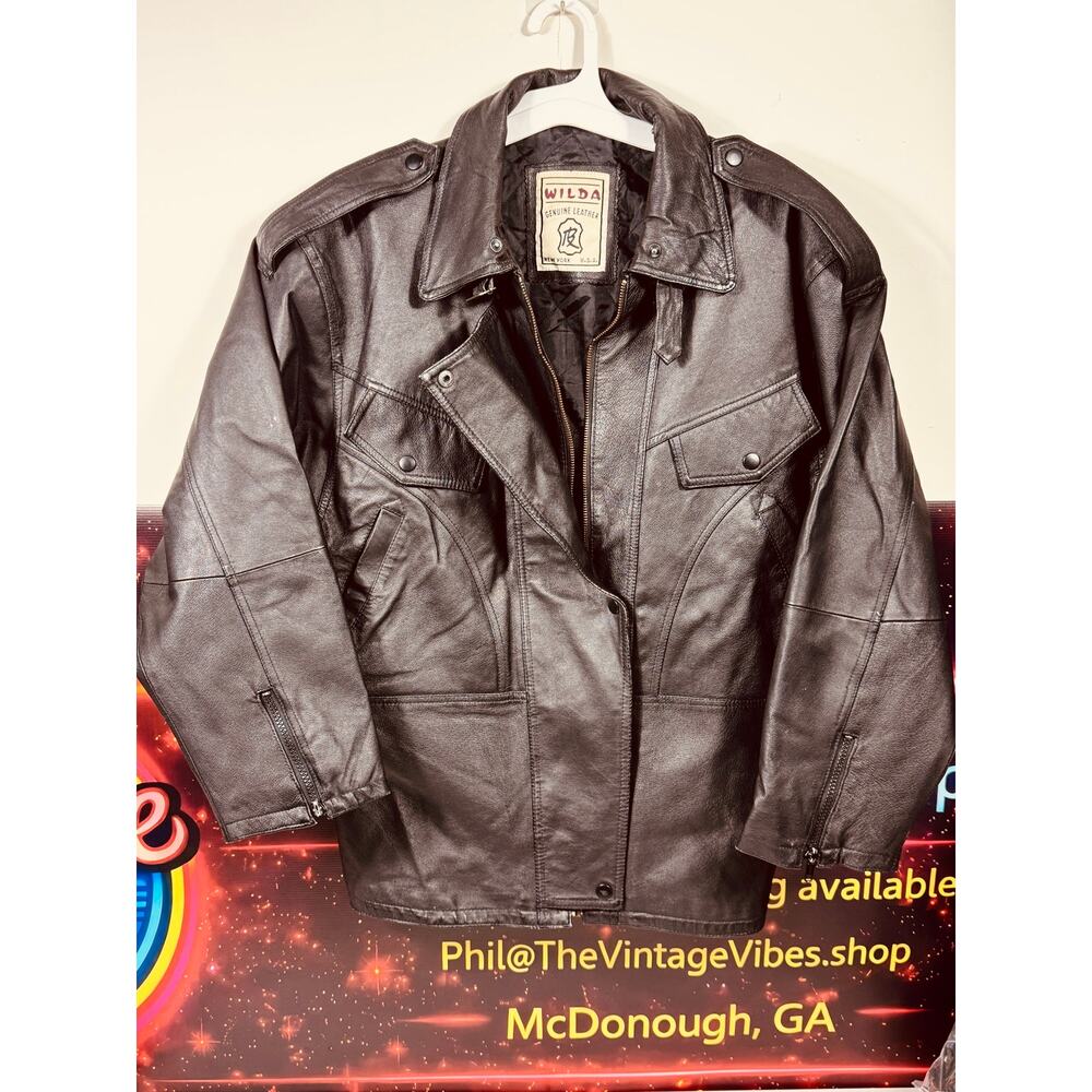 Vintage USA Made Wilda Genuine Leather Motorcycle Jacket Black Biker Cafe Race L